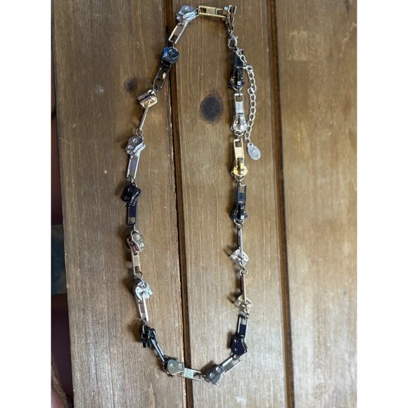 Zipper Charm Necklace In Mixed Silver Gold & Black Metal Design With Adjustable - Picture 5 of 7